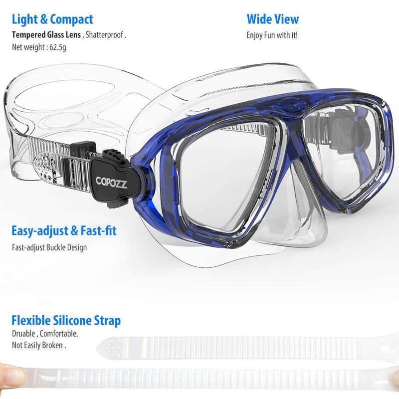 COPOZZ Youth Scuba Mask, Low Volume No Fogging Snorkeling Dive Glasses, Tempered Glass, Blue, Adult, 2 Windows, Silicone Frame, Adjustable Silicone Strap - Image 3
